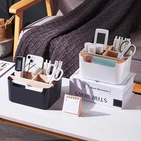 Organisateur de bureau en bois avec 5 compartiments - boîte de rangement pour stylos et cosmétiques
