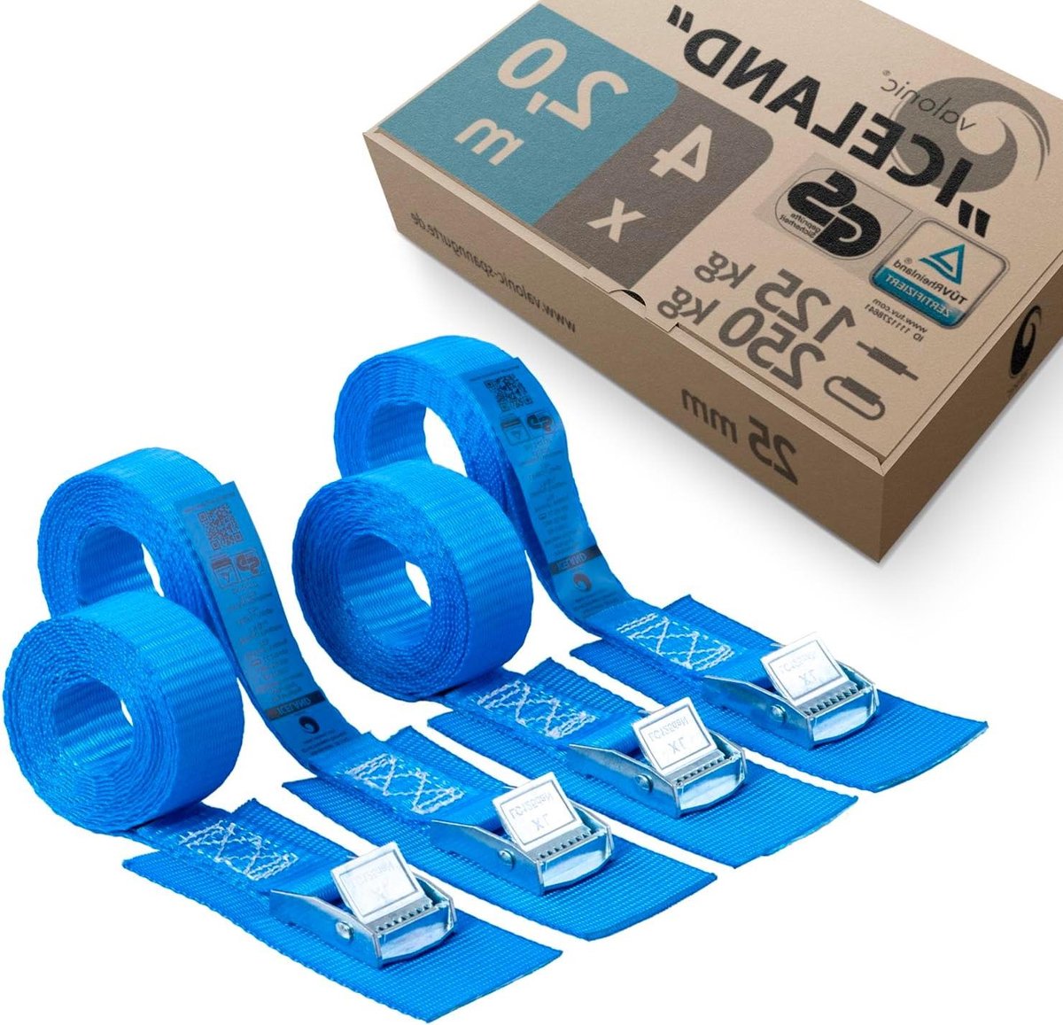 Spanbanden TÜV Rheinl. GS gecertificeerd met pad 2m 25mm 250kg EN-12195-2 4 stuks spanband met klemslot voor dakkoffer van auto SUP board kajak blauw Spanbanden met ratel