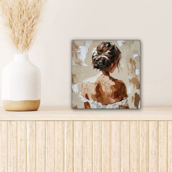 Canvas schilderij 20x20 cm - Wanddecoratie Vrouw - Verf - Abstract - Beige - Modern - Muurdecoratie woonkamer - Slaapkamer decoratie - Kamer accessoires - Schilderijen op canvas