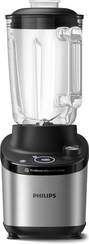 Philips blender met een lege transparante kan op een zwarte en zilveren basis.