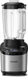 Philips blender met een lege transparante kan op een zwarte en zilveren basis.