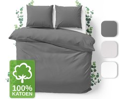 JACOBSON Dekbedovertrek - 155x220 cm + 2 Kussensloop 80x80 cm - 100% katoen - met Rits - Antraciet