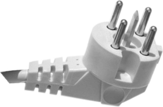 Witte stekker met vijf metalen pinnen en een witte kabel met ribbels.
