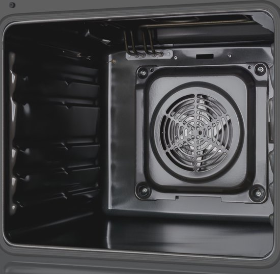 Binnenkant van een oven met een ronde ventilator en verwarmingselementen.