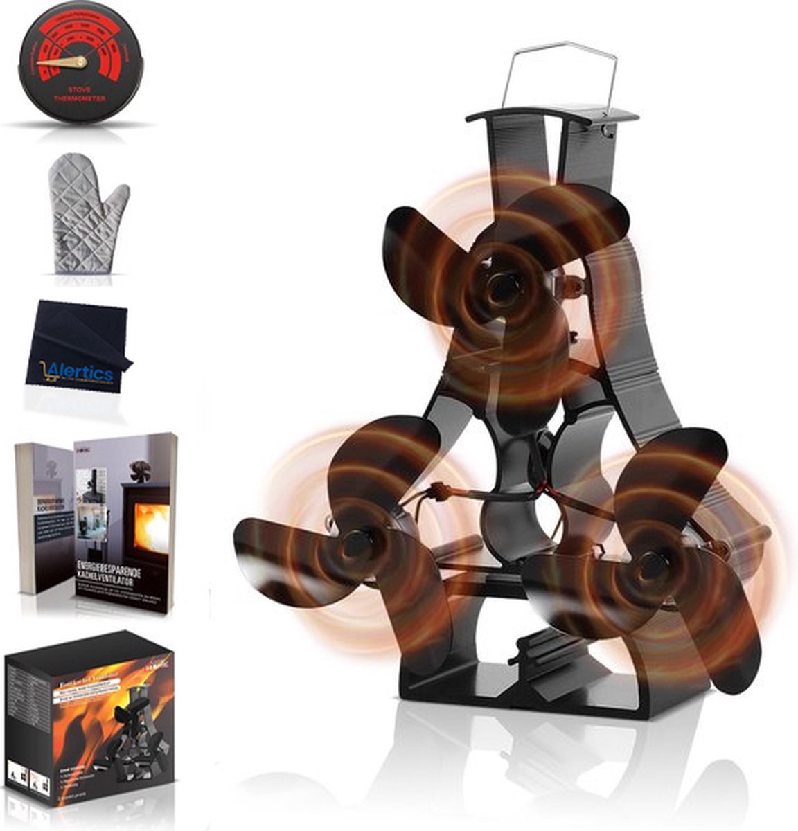 LotaHome - Houtkachelventilator - Ecofan - Driedubbele Propellers - Duurzaam - Energie Besparen - Warmte Aangedreven Ventilator - Kachelventilator - Met Thermometer, Kachelhandschoen, Stofdoekje en Informatieboek - Haardventilator - Bewezen Effectief