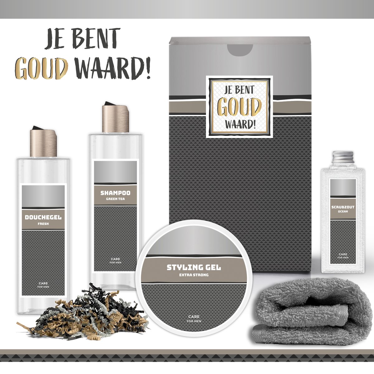 Goedkoopste Geschenkset Je Bent Goud Waard! - 5 Producten - 900 Gram | Giftset voor hem - Luxe Wellness Cadeaubox man - Douchegel Bodylotion Styling Gel Scrubzout - Vaderdag Verjaardag Vader- Cadeau Pakket Kerst Vriend Collega Werknemer- Kerstpakket Antraciet