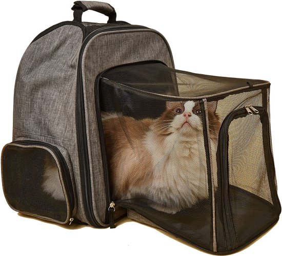 Grijze uitbreidbare rugzak met gaaspanelen voor huisdieren, met daarin een bruin-witte langharige kat.