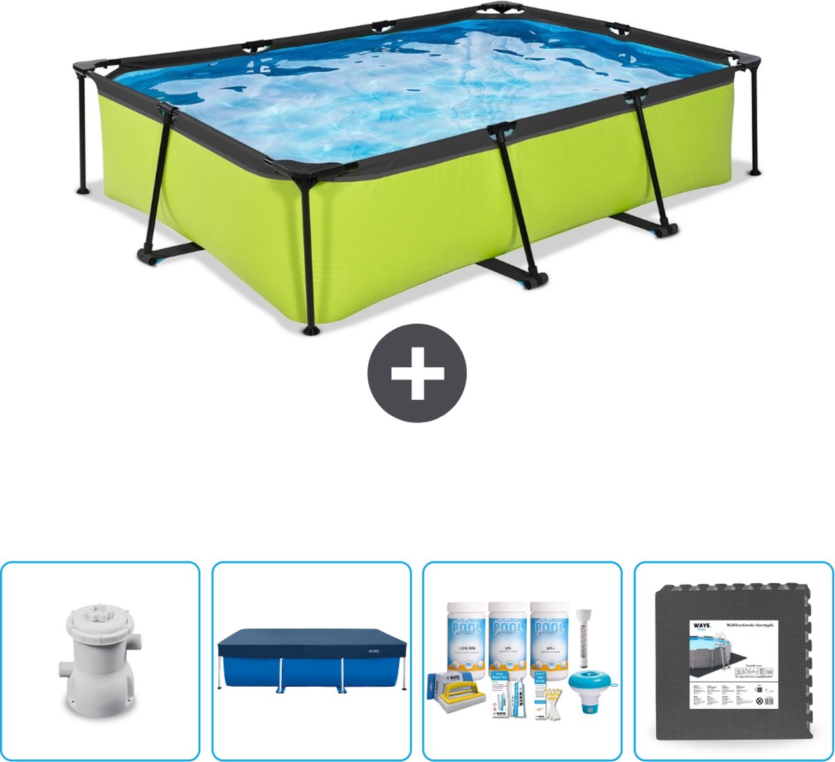 EXIT Rechthoekig Lime Frame Zwembad 300 x 200 x 65 cm Inclusief Pomp Afdekzeil Onderhoudspakket Vloertegels Nu extra voordelig