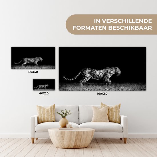 Peinture sur toile - Animaux sauvages - Léopard - Herbe - Zwart - Wit - Canvasdoek - 40x20 cm - Photo sur toile - Décoration murale