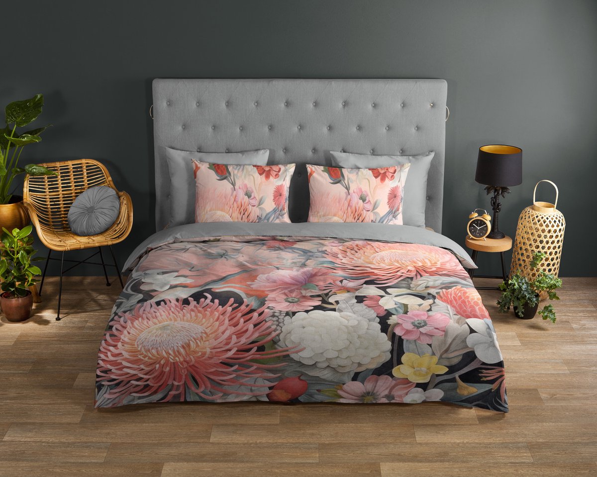 Good Morning dekbedovertrek bloemen - 2 persoons 200x200/220 cm - Perzik - 100% Katoen renforce