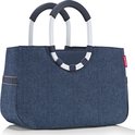 Reisenthel shopper in visgraatmotief donkerblauw met zilverkleurig frame en donkerblauwe handvatten.