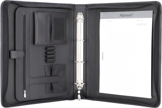 Alassio 30075 Tagungsmappe A4 Arezzo I, Businessmappe aus echtem Leder, Konferenzmappe mit Ringmechanik, Ledertasche für Dokumente im Format DIN A4, Ledermappe schwarz, Ringbuchmappe 36 × 30 × 6 cm