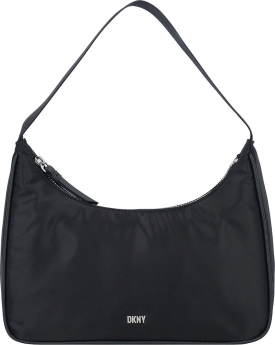Zwarte DKNY schoudertas met zilverkleurig ritsdetail en een enkele band.