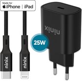 Ninix Snellader 25W - 1,5 m MFI Oplaadkabel - MFI gecertificeerd - Oplaadadapter - Geschikt voor Apple iPhone 14/13/12/11/10 - Oplader iphone - Snellader Apple - iPhone lader - Zwart