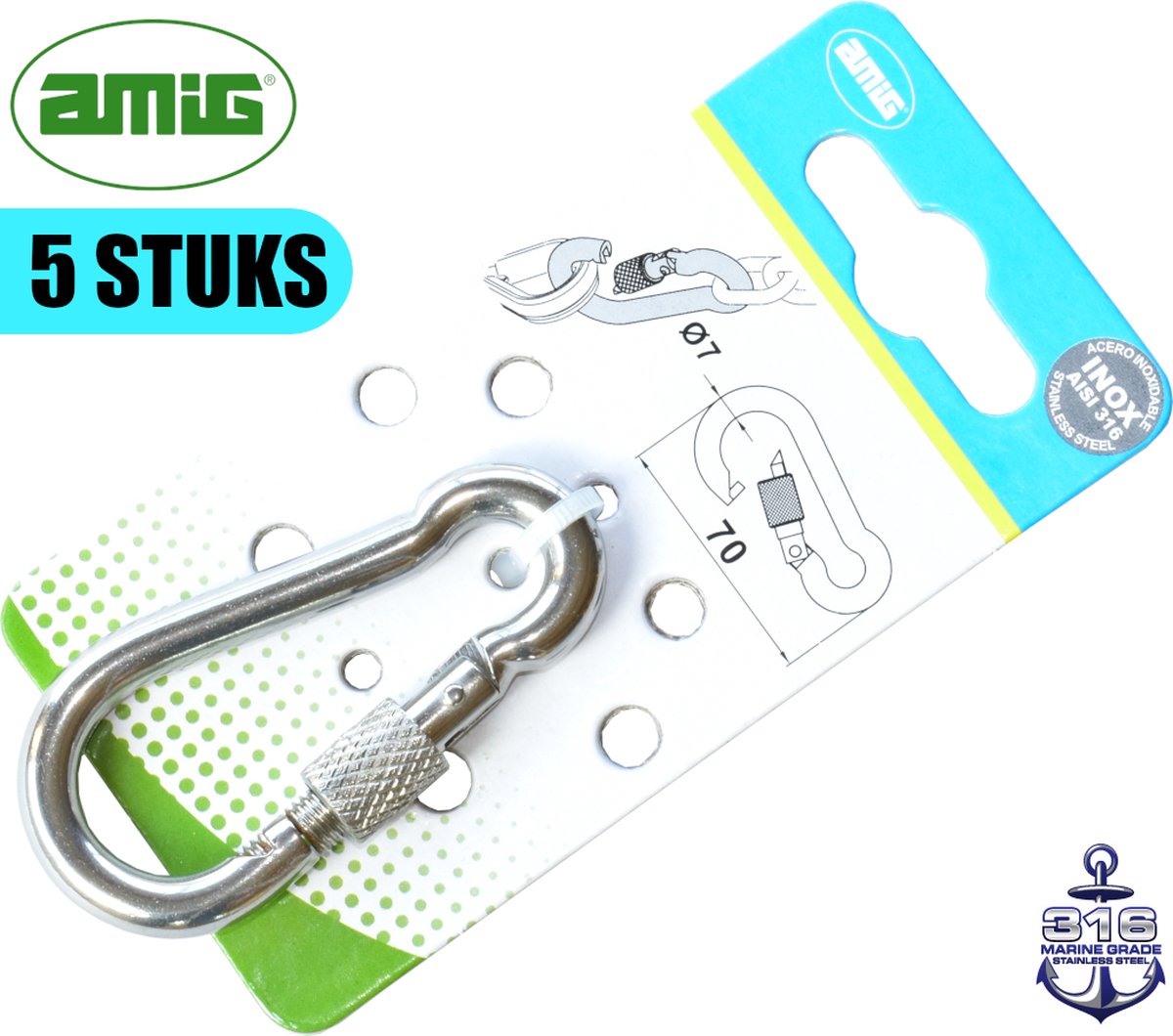 AMIG Karabijnhaak Set RVS 316 7x70mm - Schroefsluiting - Outdoor & Marine - 5 Stuks