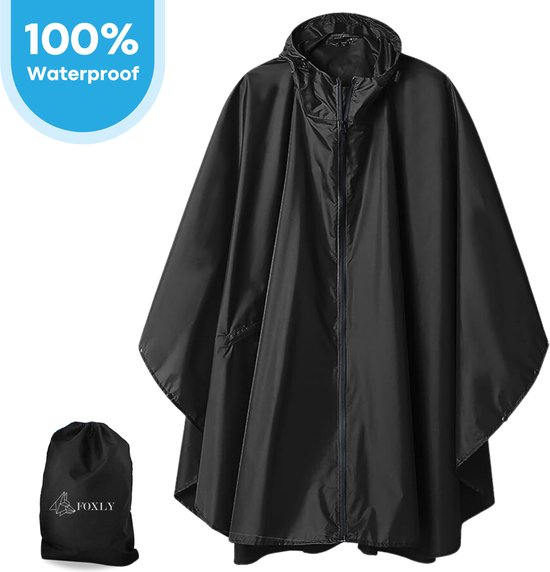 Foto: Foxly regen poncho unisex met rits fietsponcho dames heren waterdicht zwart