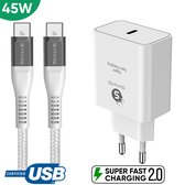 Synyq 45W Snellader - USB-IF gecertificeerd - USB C 1,5 meter 100W Oplaadkabel - Oplaadstekker - Snellader - Geschikt voor Samsung, Google, Apple - Samsung Oplader - Tablet Oplader - iPhone 15 lader