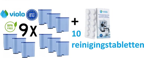 VIOLO waterfilter voor Philips Saeco AquaClean koffiemachines, vervangend Philips Saeco filter 9 stuks + VIOLO Reinigingstabletten voor koffiemachines 10 tabletten