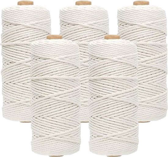 Navaris macramé garen set van 3 - Katoenen koord voor doe-het-zelfprojecten - 100% natuurlijk katoen - 3mm x 100m - Wit, lichtgroen en groen