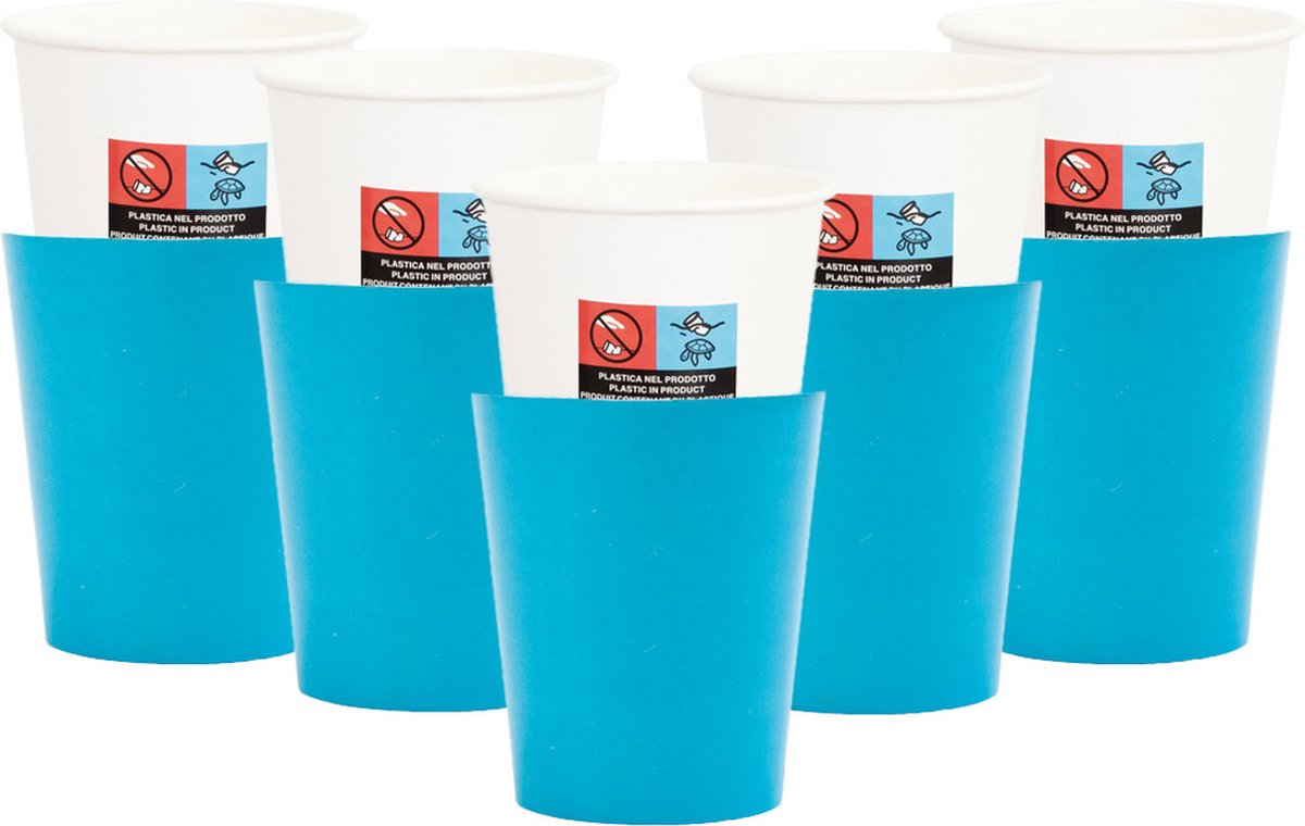 Givi Italia Feestbekers met hoesjes - 40x - turquoise blauw - papier - 250ml - kinderfeestje - kartonnen bekertjes