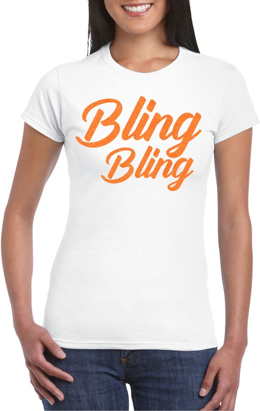 Bellatio Decorations Verkleed T-shirt dames - bling - wit - oranje glitter - carnaval/themafeest S