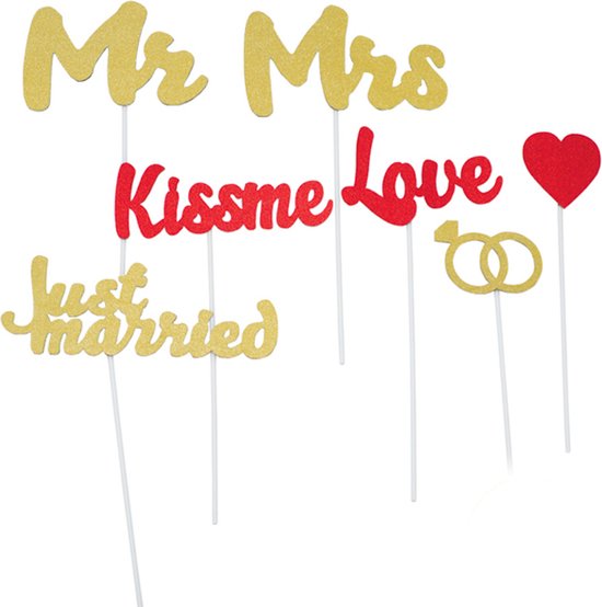 Givi Italia Bruiloft foto prop set - 8-delig - glitter - trouwen/vrijgezellenfeest - bruiloftsfeest photo booth accessoires