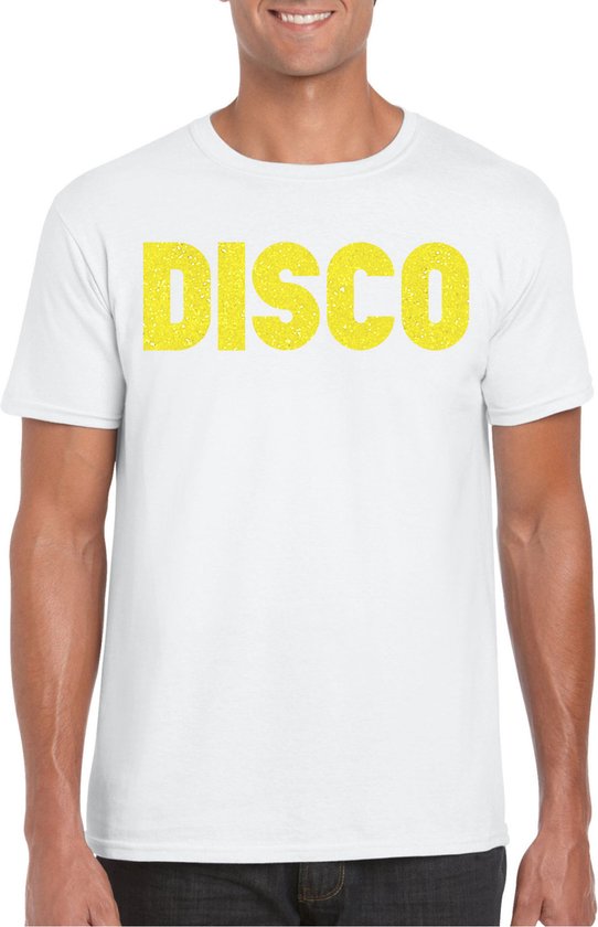 Bellatio Decorations Verkleed T-shirt heren - disco - wit - geel glitter - jaren 70/80 - carnaval XXL