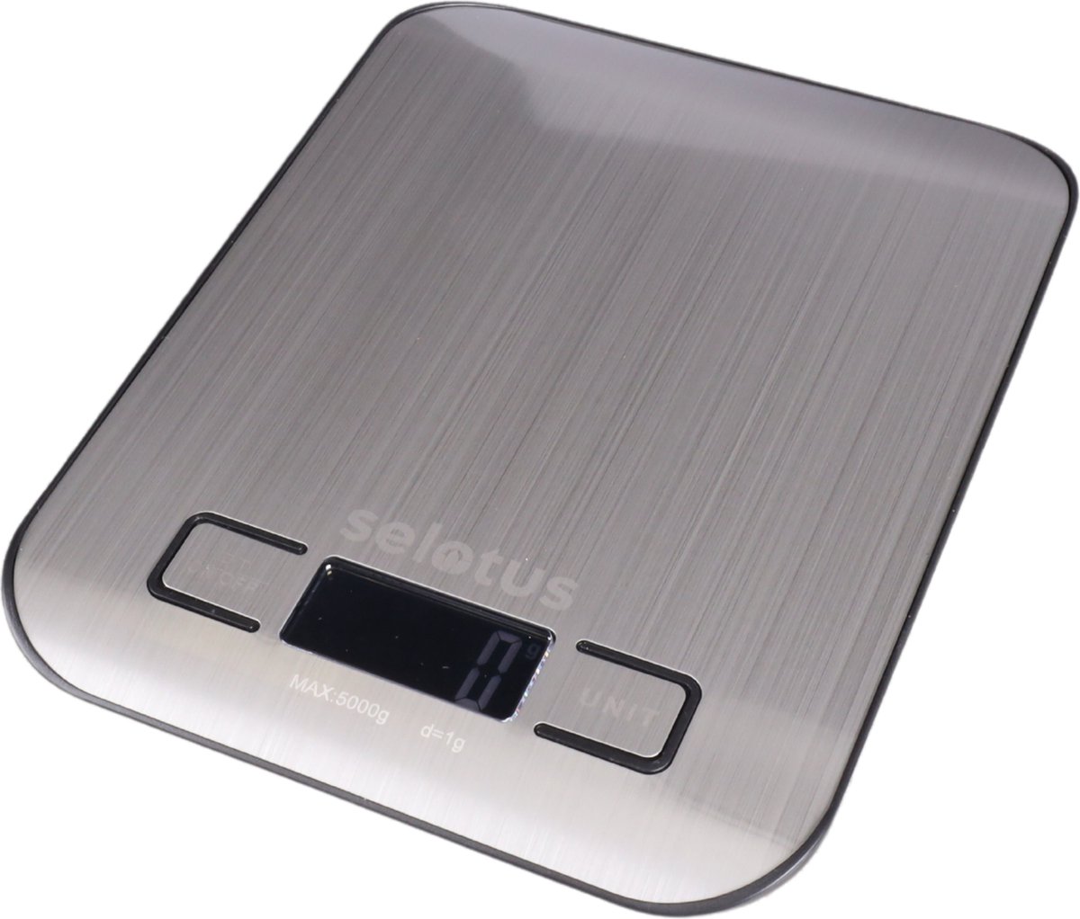 Selotus - Precisie Keukenweegschaal – Weegschaal Keuken - 1 gr tm 5 kg - 5 standen – met batterijen - Brushed aluminium