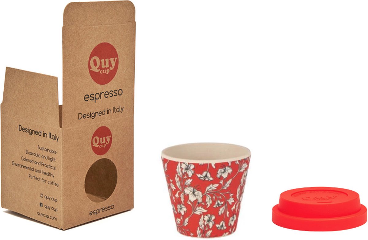 Quy cup 90ml Ecologische Reis Beker Espressobeker “Ibicus” met rood Siliconen deksel 7x7x7cm