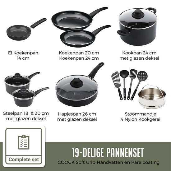 Un ensemble de 19 pièces de batterie de cuisine noire, comprenant des poêles, des couvercles, des ustensiles et un panier vapeur.