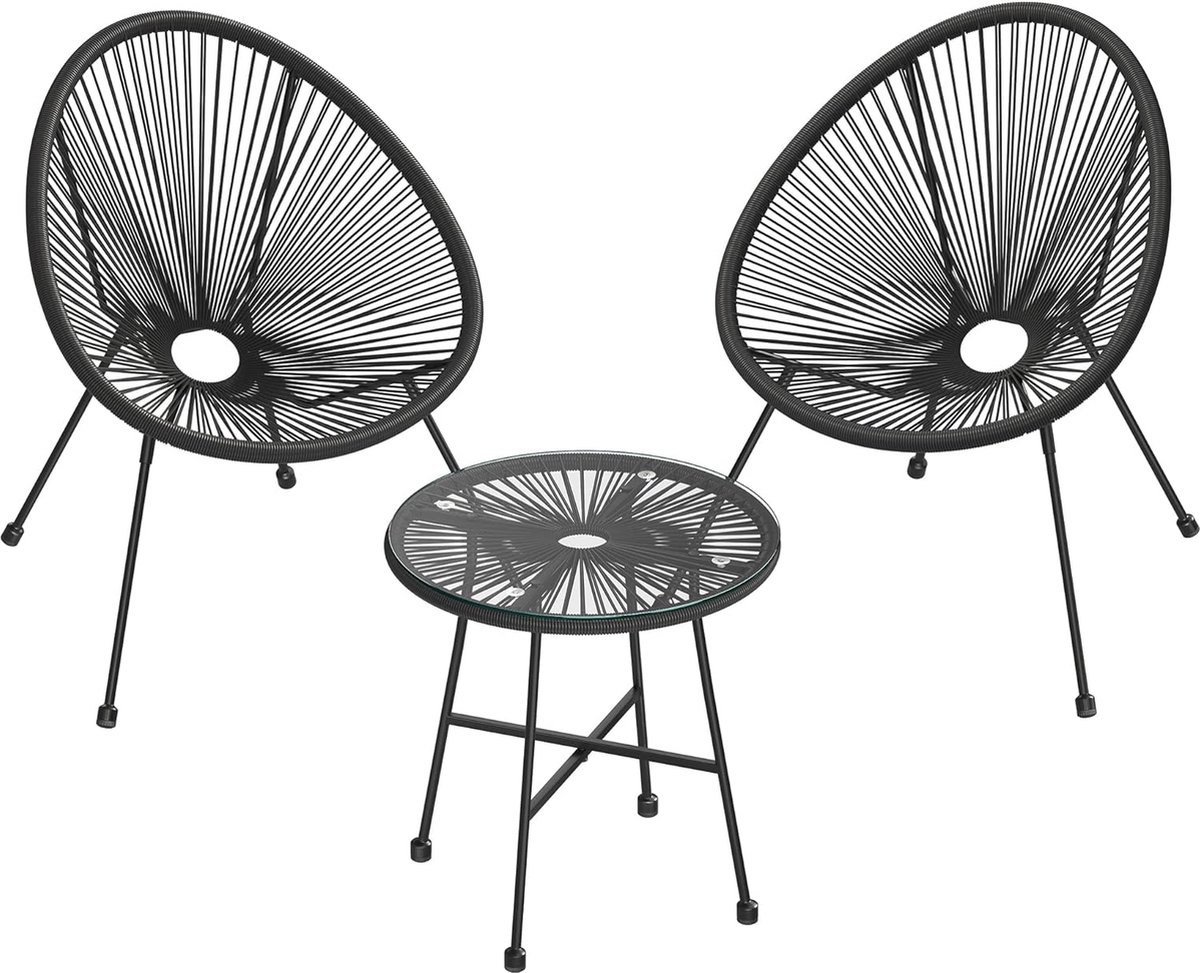 Hoppa! Poeder gecoate Stalen Tuinset - Zwart - Inclusief 2 Stoelen en Tafel