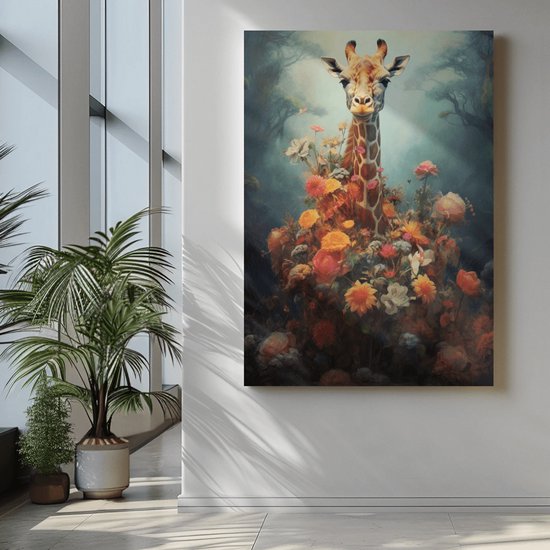 Canvas Schilderij - Giraffe en Bloemen - Foto Print op Canvas - Wall Art - 60x40x2 cm