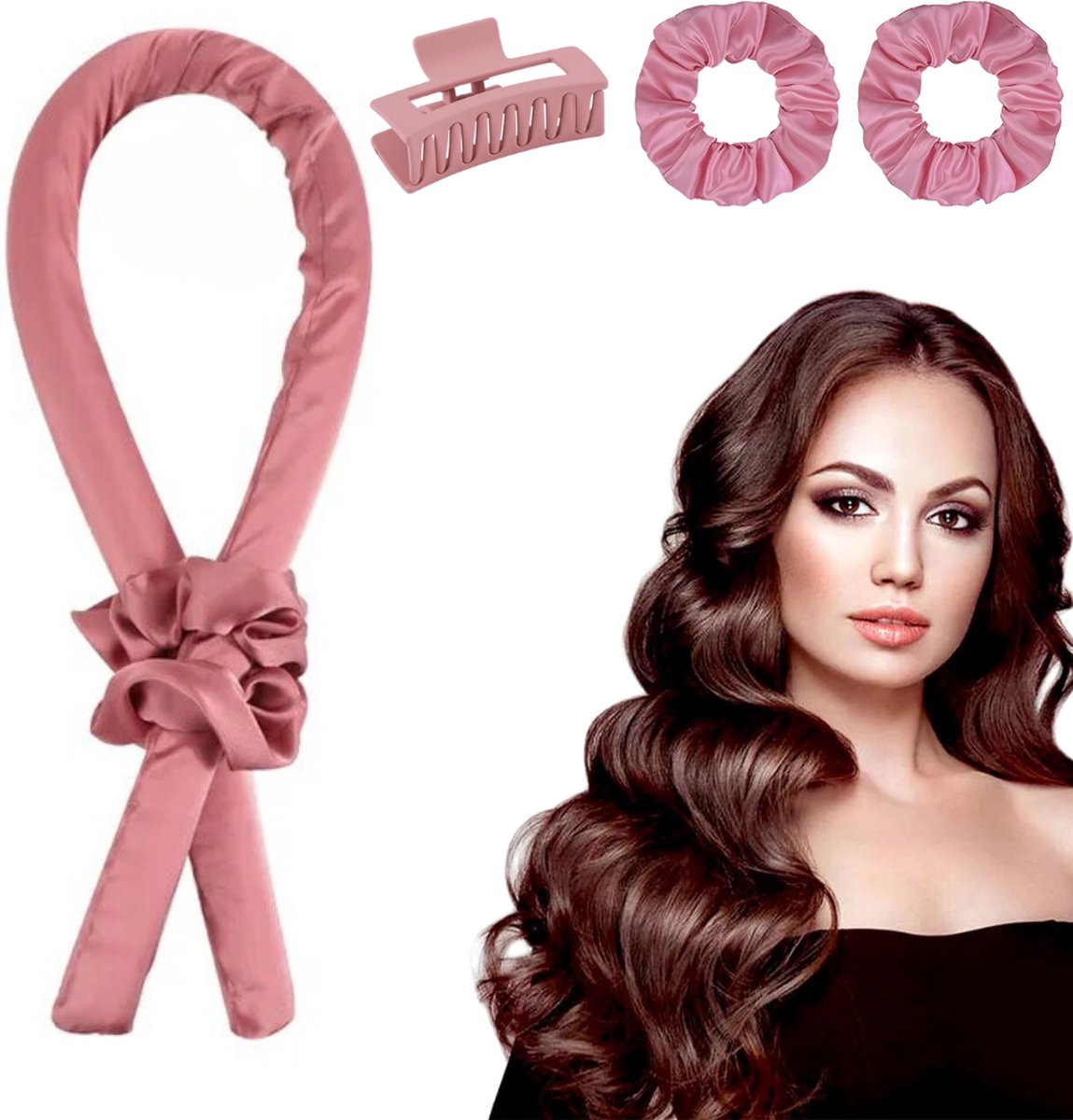 HobbySter Heatless Curls Haar Rollers Krulspelden Haarkruller Krul Rollers Incl. 2 Scrunchies & Haarklem Satijn Roze
