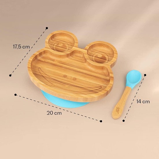 Serviesset voor baby's & kleine kinderen - kikker - kinderservies lepel bord schaal - duurzaam & ecologisch - babybord kinder serviesset ontbijtset zuignap voeren - Bambuswald©. van Bambuswald© — afbeelding 2