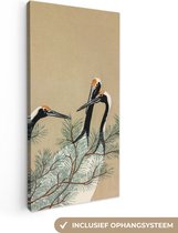 Canvas schilderij 40x80 cm - Wanddecoratie Bladeren - Kraanvogel - Dieren - Scandinavisch - Japan - Muurdecoratie woonkamer - Slaapkamer decoratie - Kamer accessoires - Schilderijen