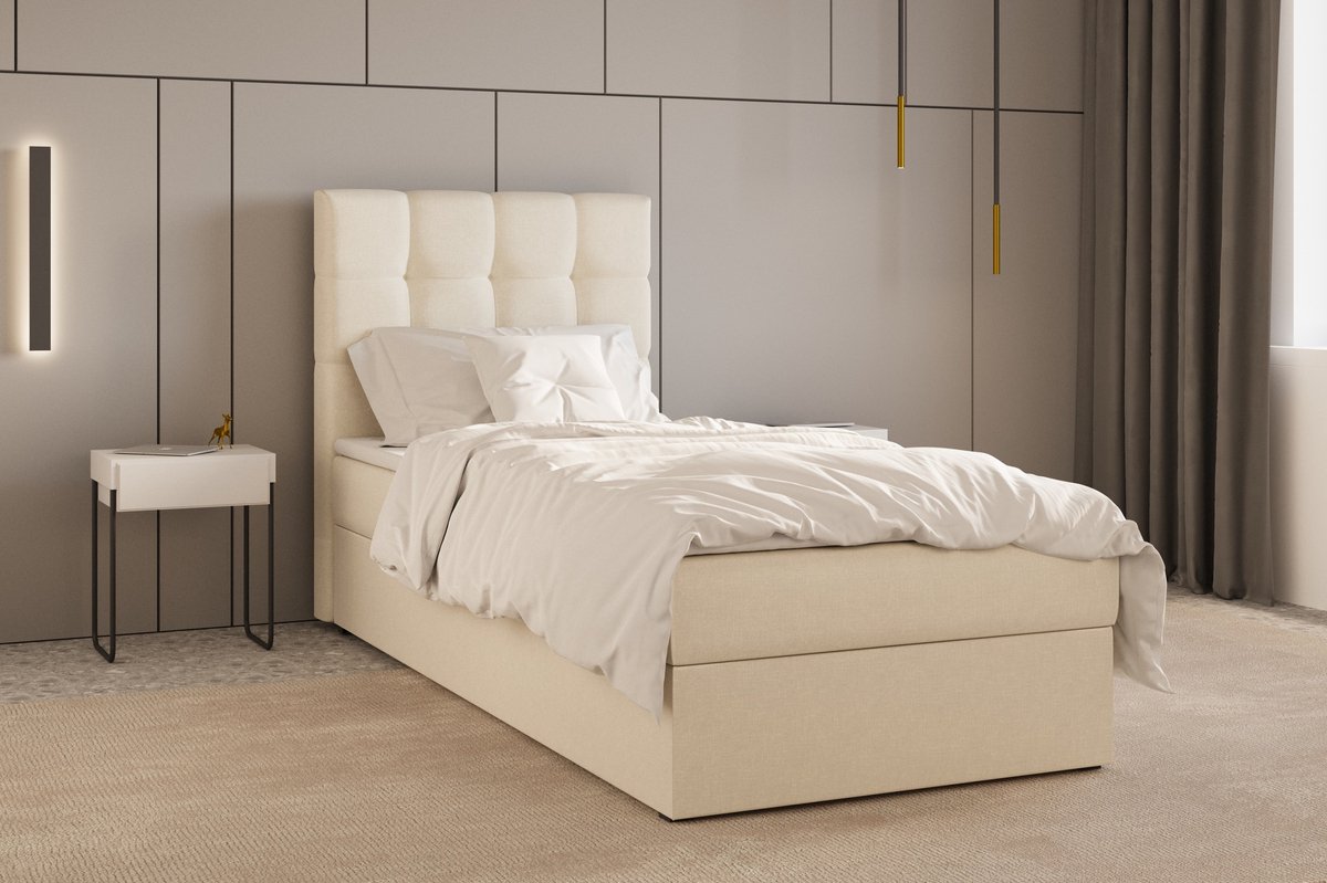 AJE Meubles B.V. Boxspring Bed 05 - Luxe en Comfort - Inclusief Topmatras - Verkrijgbaar in Meerdere Maten - Boxspringbed 05 (Beige - Hugo 01, 90x200 cm)