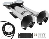 12V/24V Truck Train Air Horn, 300DB Super Loud Car Horns Kit, Double Tube, Zilver Modieus Uiterlijk, Zinklegering Verchroomde Dubbele Buizenversterker Voor Voertuigen, Vrachtwagens, Suvs, Rvs