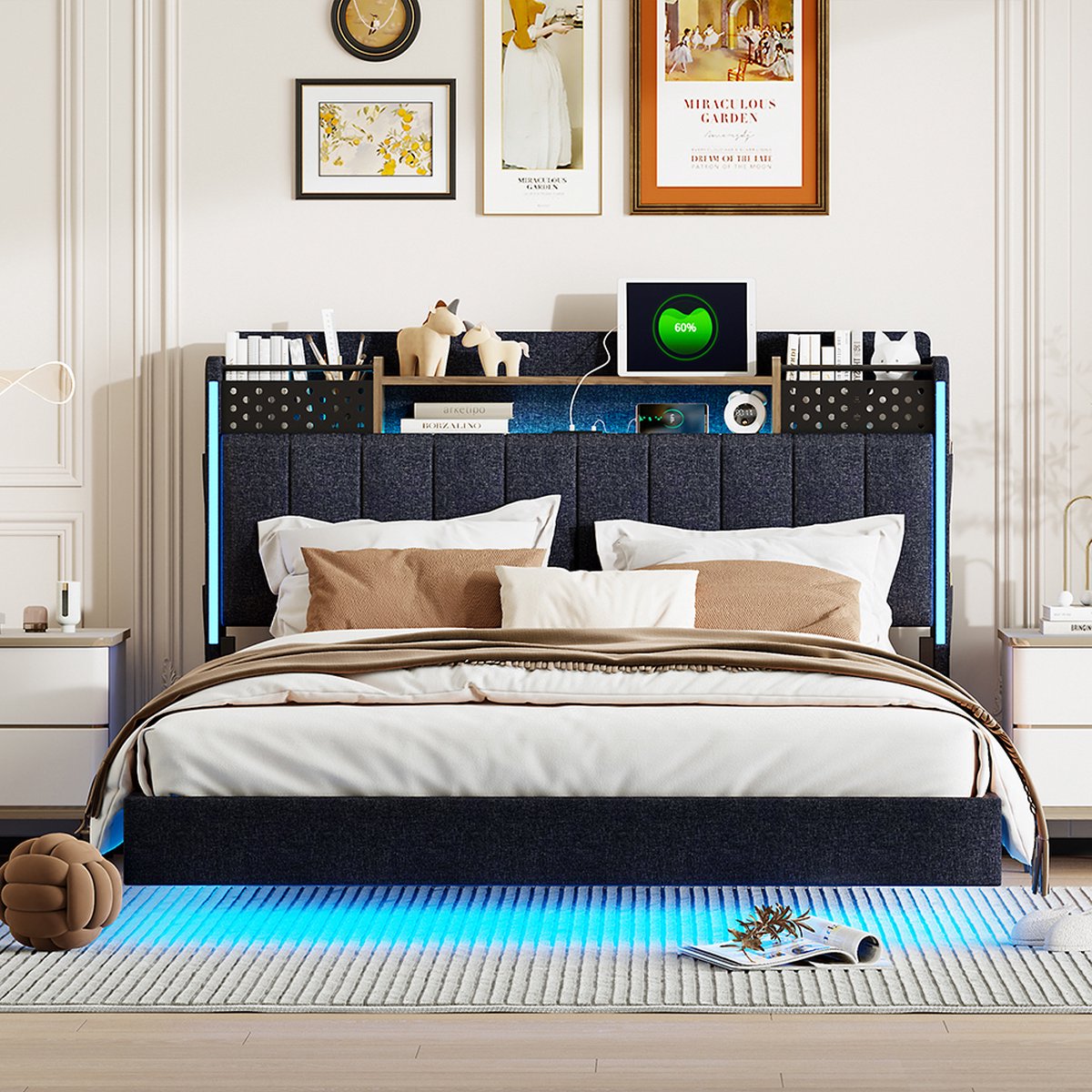 Tweepersoonsbed, 140 x 200 cm, gestoffeerd bed, hoofdeinde met opbergruimte, functioneel bed met twee laden, met opladen via USB en ledverlichting, verstelbaar hoofdeinde (grijs