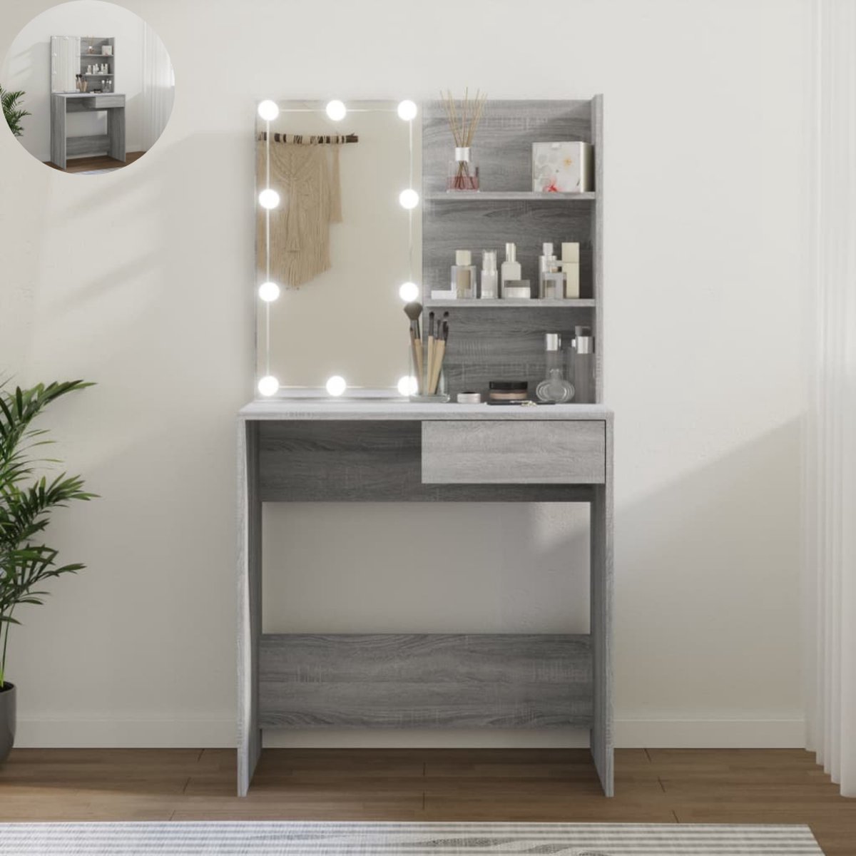 GranMaison Kaptafel met spiegel en verlichting - Make up tafel - Make up - Toilettafel -Met lades - 74,5 x 40 x 141 cm - Grijs sonoma eiken