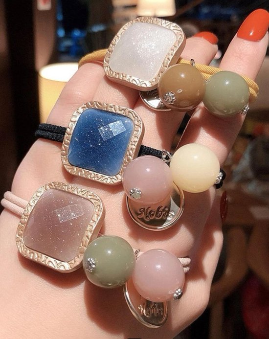 Set de trois élastiques à cheveux luxueux avec breloques - Blue - Beige - Gold