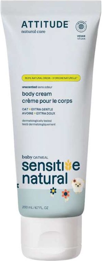 ATTITUDE Sensitive Natural baby bodycrème in 200 ml tube. Dermatologisch getest, vegan.