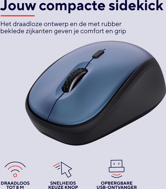 Compacte blauwe draadloze muis met rubberen zijkanten.