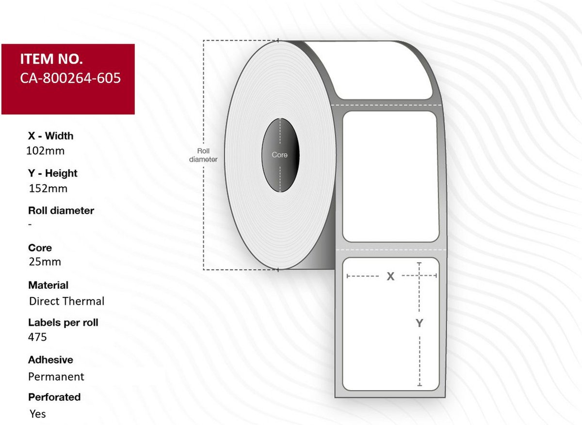 Label 102 x 152mm, Kern 25mm, Direct Thermisch, Gecoat, Permanent, Geperforeerd, 475 labels per rol, 12 rollen per doos
