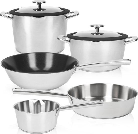Ensemble de casseroles Cuisio, 8 pièces - Deco+ - Système d'égouttage sécurisé - Couvercle en Verres - Matériau recyclé à 91 % - Acier inoxydable