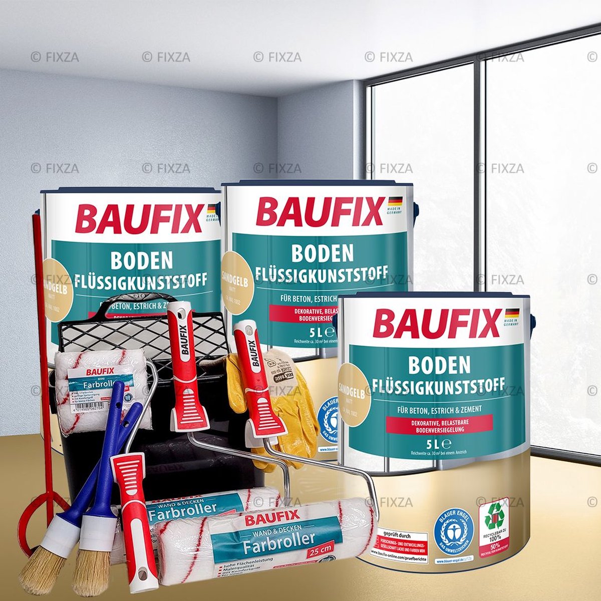 BAUFIX Betonverf Vloer Voordeelverpakking met Verwerkingset zandgeel 45 m²