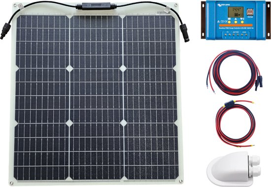 Set Flexibel Zonnepaneel 55Wp 12V Caravan, Camper, Boot, Tent of Tuinhuisje - Victron Energy BlueSolar PWM 10A LCD&USB laadregelaar - Zonnepaneel Compleet Pakket - Plug-Play set sc