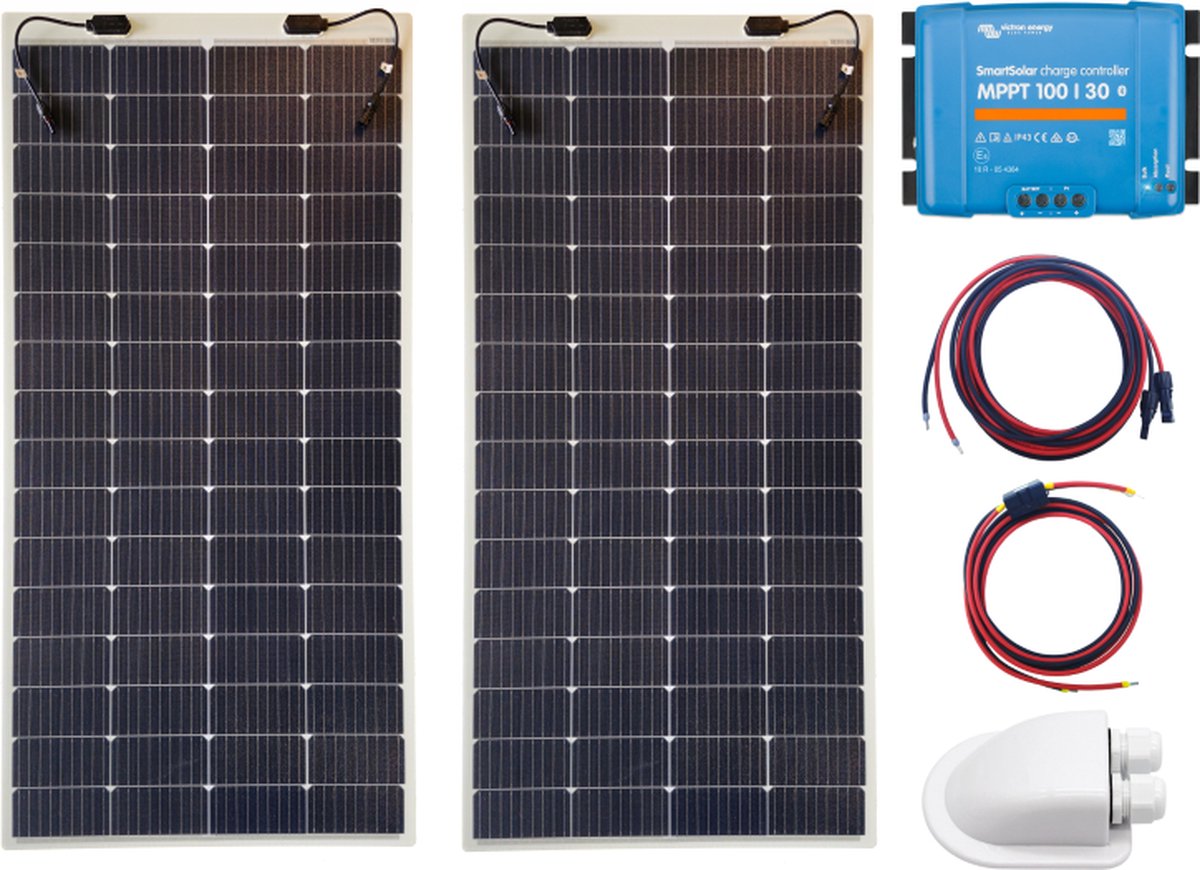 Bluetooth Set Flexibel Zonnepaneel 400Wp Caravan, Camper, Boot, Tent - MPPT Victron Energy laadregelaar 100/30 - Zonnepaneel Compleet Pakket - Kabel met connectoren- Plug-Play set schematische tekening en handleiding-Monokristallijn