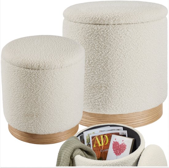 Set de 2 tabourets avec rangement - Tissu bouclé Teddy - Style Scandi - Poufs rembourrés pour salon, chambre ou coiffeuse - Couvercles amovibles