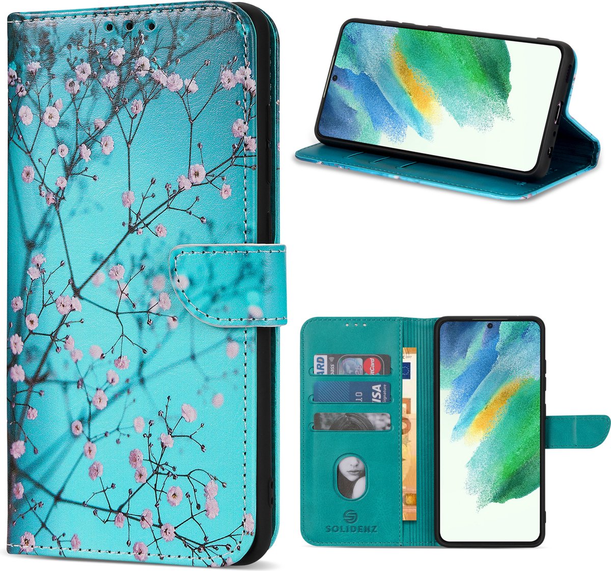 Multimedia & Accessoires Lederen Book Case Hoesje geschikt voor Samsung Galaxy S21 FE 5F – Sierkers - Bloemen – Blauw -Telefoonhoesje – Met Stand – Kaarthouder – Pasjes Houder – Magneet Sluiting – Bookcase