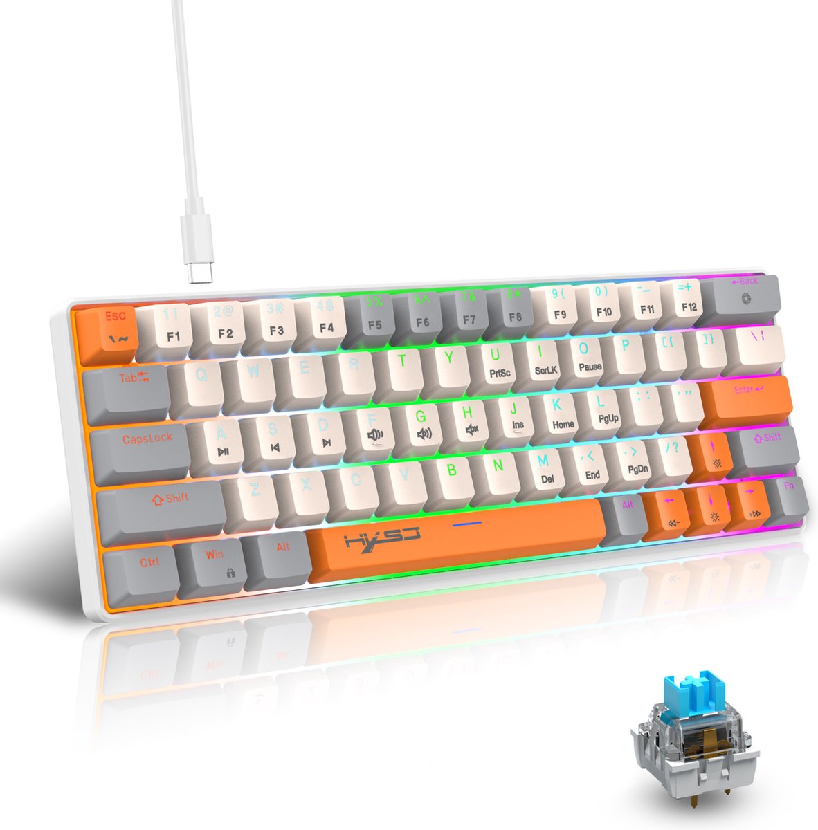 HXSJ V500 Bedrade Gaming Toetsenbord - Mechanisch - RGB - Blue Switch - 63 Keys - QWERTY Toetsenborden - Wit oranje thumbnail 2